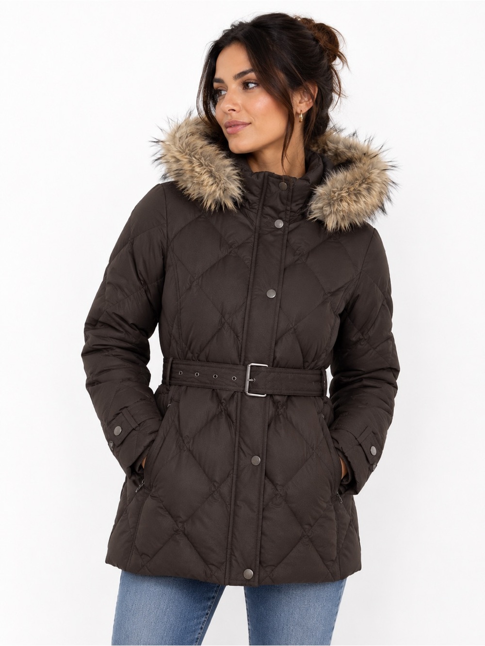 Lands End Down Feather Puffer Jacket Small Brown Mid Length Zip Off Hood